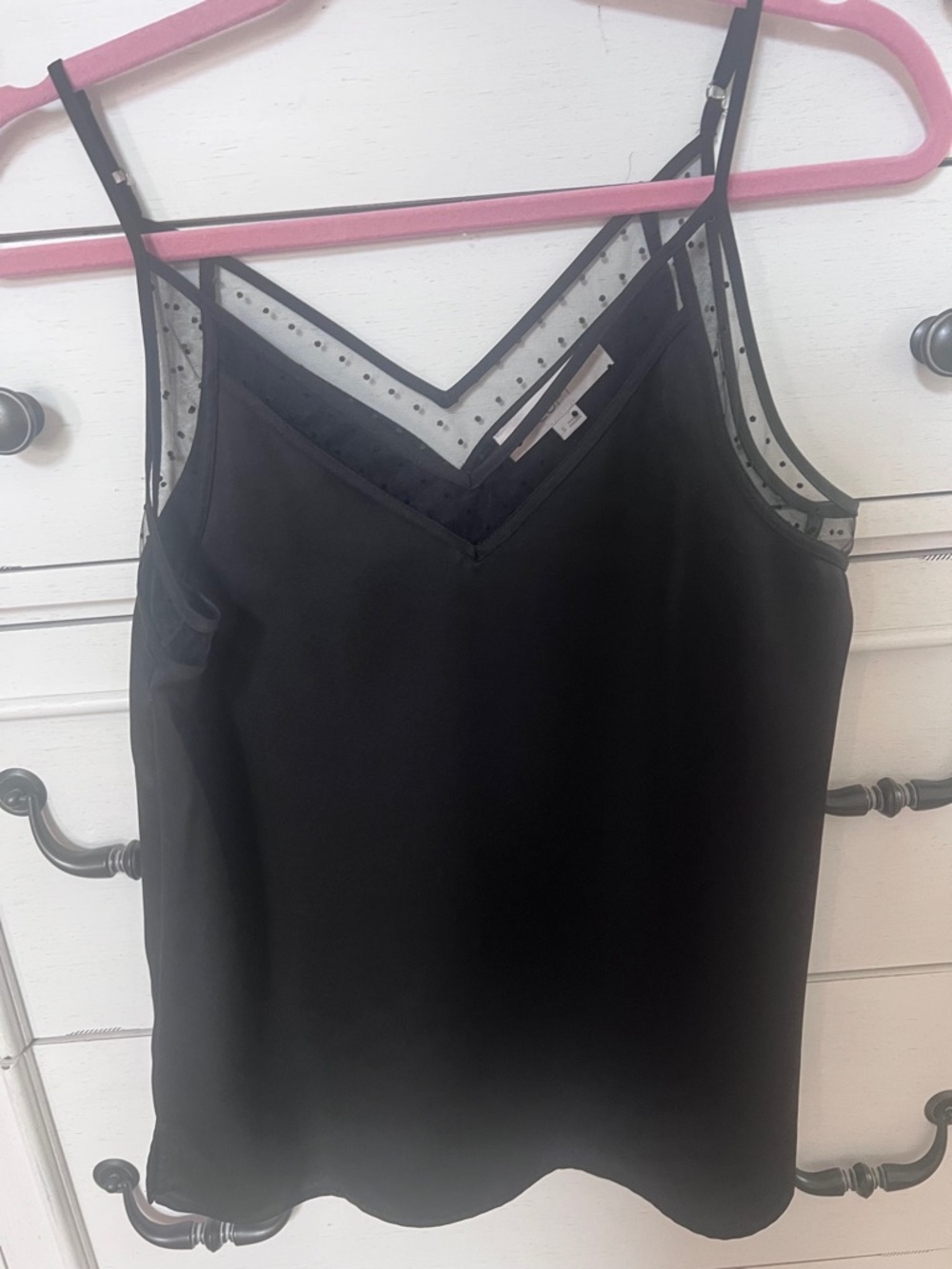LOFT Black Tank with Sheer Polka-Dot Mesh Trim